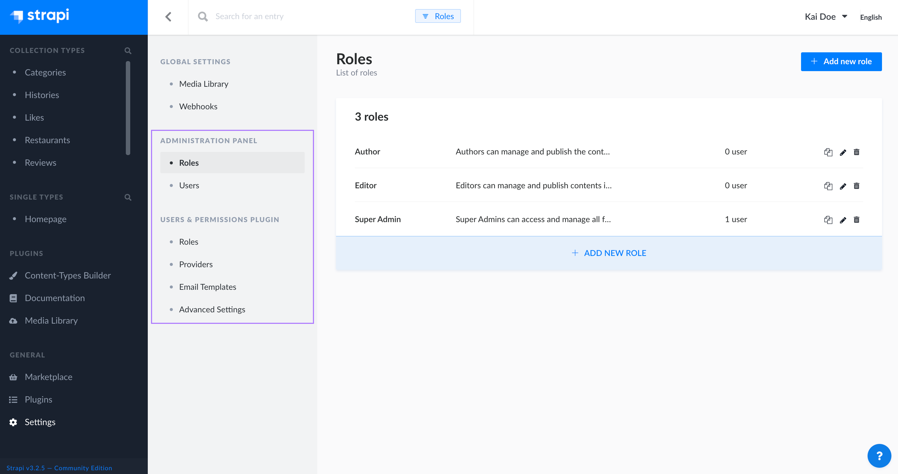 Users, permissions and roles settings